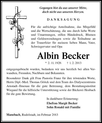 Traueranzeige von Albin Becker von Südthüringer Presse