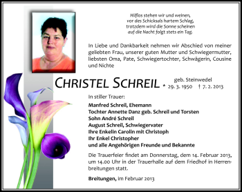 Traueranzeige von Christel Schreil von Südthüringer Presse