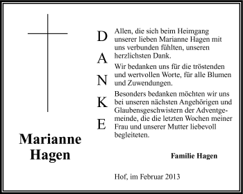 Traueranzeige von Marianne Hagen von Frankenpost