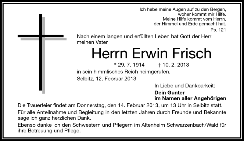  Traueranzeige für Erwin Frisch vom 12.02.2013 aus Frankenpost