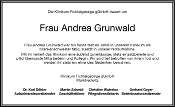Traueranzeige von Andrea Grunwald von Frankenpost