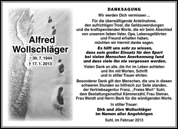 Traueranzeige von Alfred Wollschläger von Südthüringer Presse