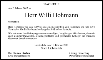 Traueranzeige von Willi Hohmann von Neue Presse Coburg