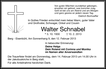 Traueranzeige von Walter Schnabel von Frankenpost