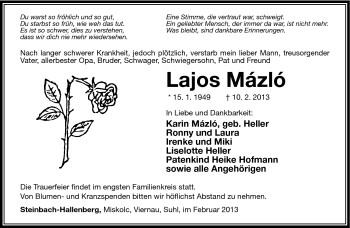Traueranzeige von Lajos Mázló von Südthüringer Presse