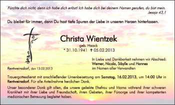 Traueranzeige von Christa Wientzek von Neue Presse Coburg