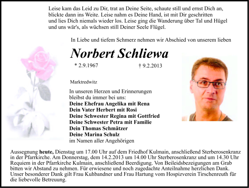  Traueranzeige für Norbert Schliewa vom 12.02.2013 aus Frankenpost