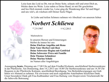 Traueranzeige von Norbert Schliewa von Frankenpost