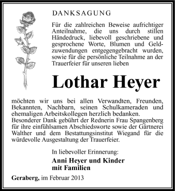 Traueranzeige von Lothar Heyer von Südthüringer Presse