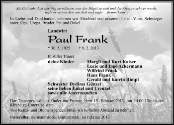 Traueranzeige von Paul Frank von Südthüringer Presse