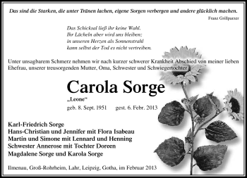 Traueranzeige von Carola Sorge von Südthüringer Presse