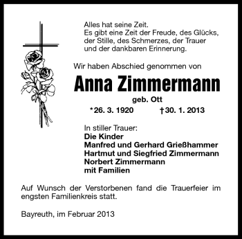 Traueranzeige von Anna Zimmermann von Frankenpost