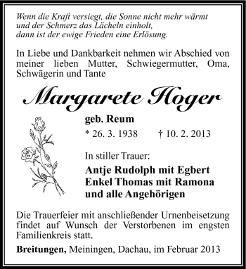 Traueranzeige von Margarete Hoger von Südthüringer Presse