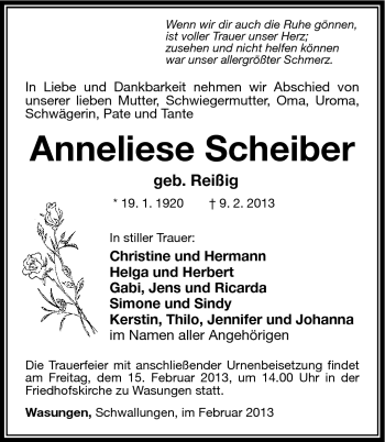 Traueranzeige von Anneliese Scheiber von Südthüringer Presse