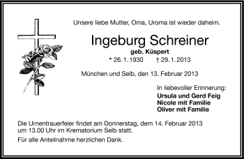 Traueranzeige von Ingeborg Schreiner von Frankenpost