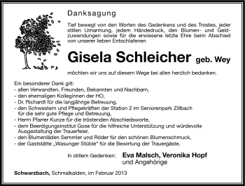 Traueranzeige von Gisela Schleicher von Südthüringer Presse
