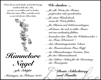 Traueranzeige von Hannelore Nagel von Südthüringer Presse