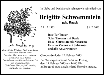 Traueranzeige von Brigitte Schwemmlein von Neue Presse Coburg