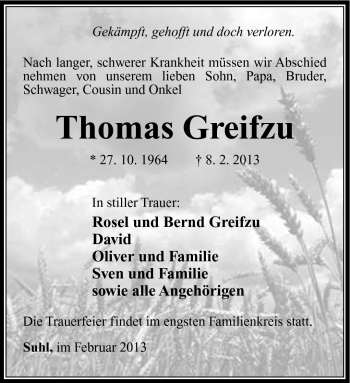 Traueranzeige von Thomas Greifzu von Südthüringer Presse