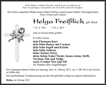 Traueranzeige von Helga Freißlich von Südthüringer Presse