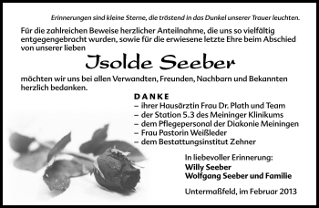 Traueranzeige von Isolde Seeber von Südthüringer Presse