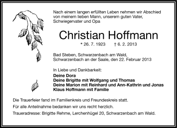 Traueranzeige von Christian Hoffmann von Frankenpost
