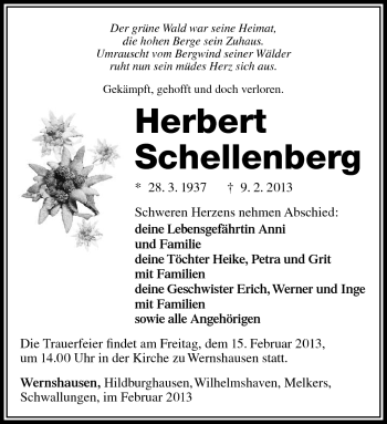 Traueranzeige von Herbert Schellenberg von Südthüringer Presse