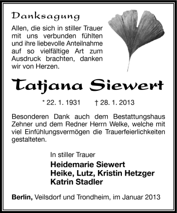 Traueranzeige von Tatjana Siewert von Südthüringer Presse