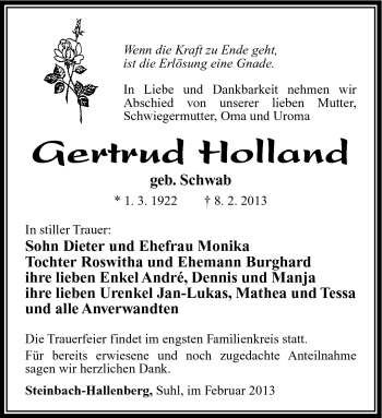 Traueranzeige von Gertrud Holland von Südthüringer Presse