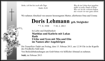 Traueranzeige von Doris Lehmann von Südthüringer Presse