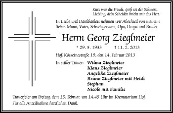 Traueranzeige von Zieglmeier Georg von Frankenpost