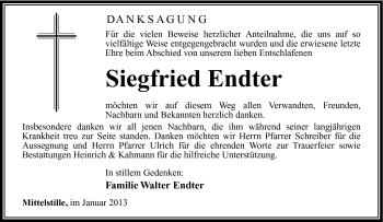 Traueranzeige von Siegfried Endter von Südthüringer Presse