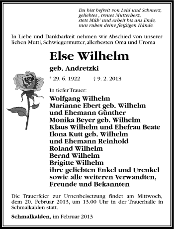 Traueranzeige von Else Wilhelm von Südthüringer Presse
