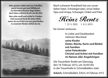 Traueranzeige von Heinz Rentz von Südthüringer Presse