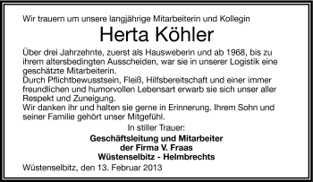 Traueranzeige von Herta Köhler von Frankenpost