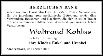 Traueranzeige von Waltraud Kohlus von Südthüringer Presse