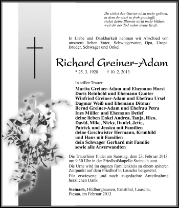 Traueranzeige von Richard Greiner-Adam von Südthüringer Presse
