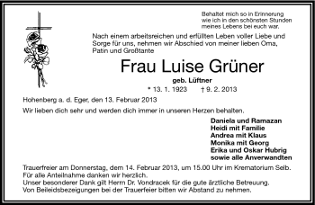 Traueranzeige von Luisa Grüner von Frankenpost