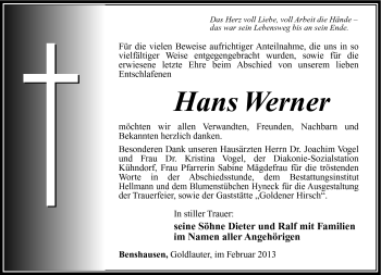 Traueranzeige von Hans Werner von Südthüringer Presse