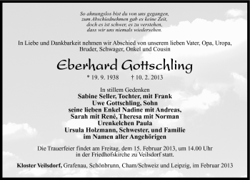 Traueranzeige von Eberhard Gottschling von Südthüringer Presse