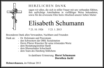 Traueranzeige von Elisabeth Schumann von Südthüringer Presse
