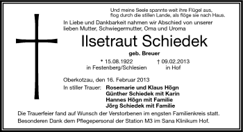 Traueranzeige von Ilsetraut Schiedek von Frankenpost