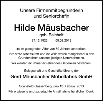 Traueranzeige von Hilde Mäusbacher von Neue Presse Coburg