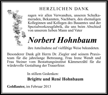 Traueranzeige von Norbert Hohnbaum von Südthüringer Presse