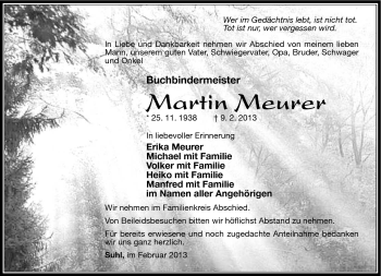 Traueranzeige von Martin Meurer von Südthüringer Presse