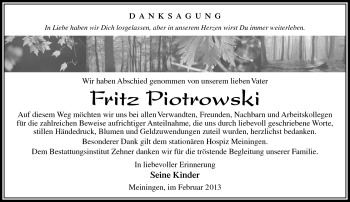 Traueranzeige von Firtz Piotrowski von Südthüringer Presse