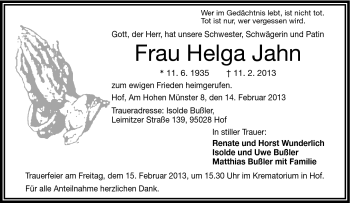Traueranzeige von Helga Jahn von Frankenpost