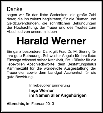 Traueranzeige von Harald Werner von Südthüringer Presse