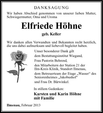 Traueranzeige von Elfriede Höhne von Südthüringer Presse