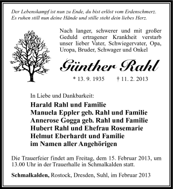 Traueranzeige von Günther Rahl von Südthüringer Presse